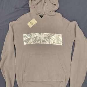 GUESS Men's Silver Logo Gray Hoodie